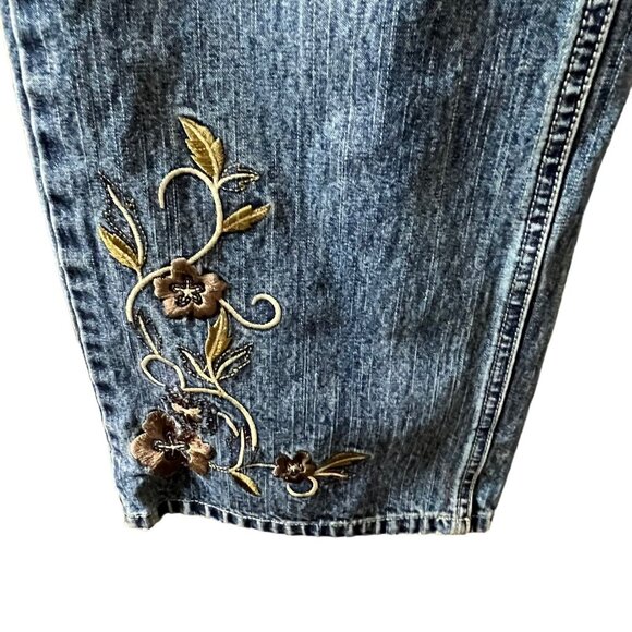 Vintage Faded Glory FLARE Blue jeans floral embroidered tan accent belt Missy 14 - Picture 8 of 14